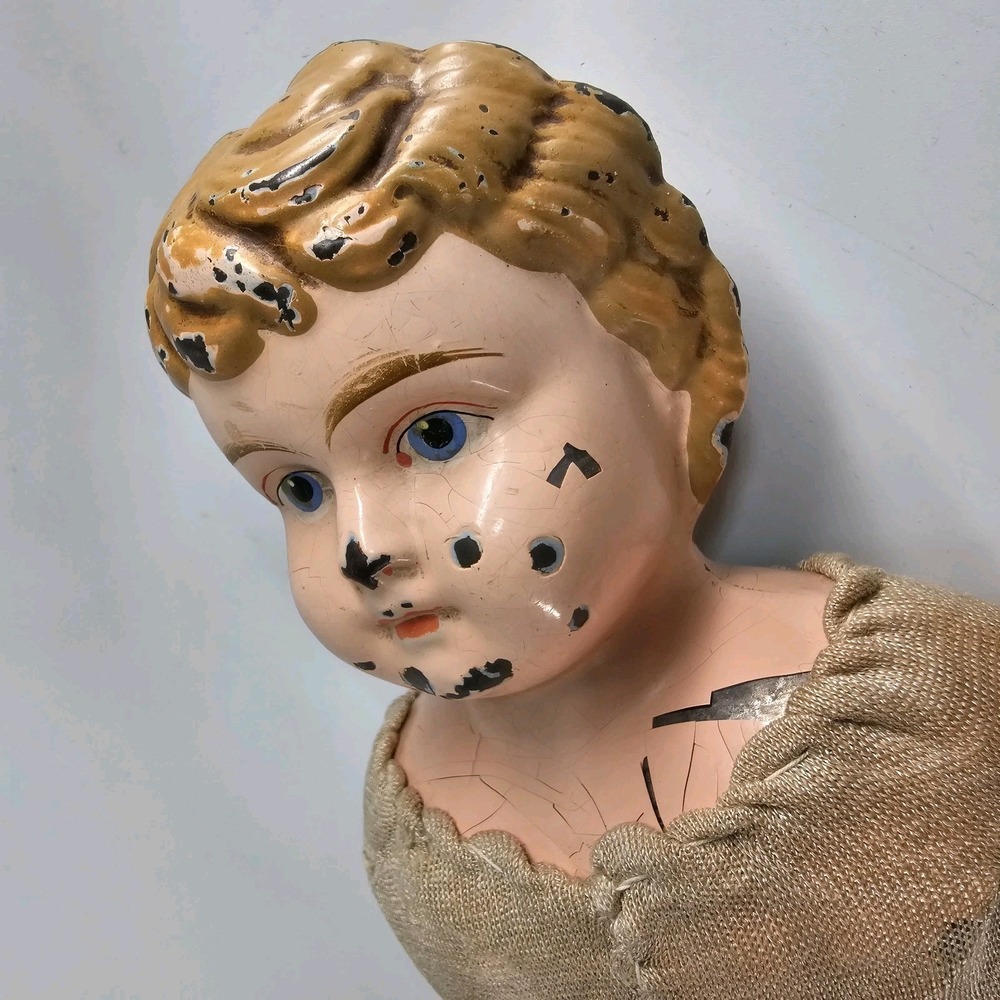Antique German Tin 16" Minerva Doll Blond Hair Blue Eyes Complete Body